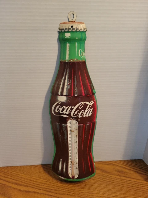 (VTG) 1950s COCA COLA SODA BOTTLE TIN LITHO ADVERTISING THERMOMETER SIGN COKE