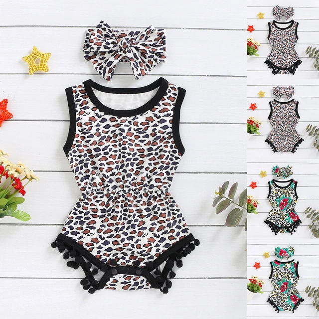 Newborn Baby Girls Leopard Sleeveless Romper Jumpsuit Playsuit Bodysuit Clothes
