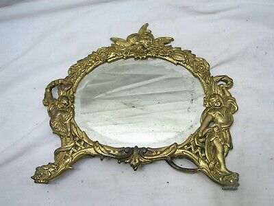 Ornate Victorian Cast Iron Brass Finish Cherub Mirror Picture Frame Vintage
