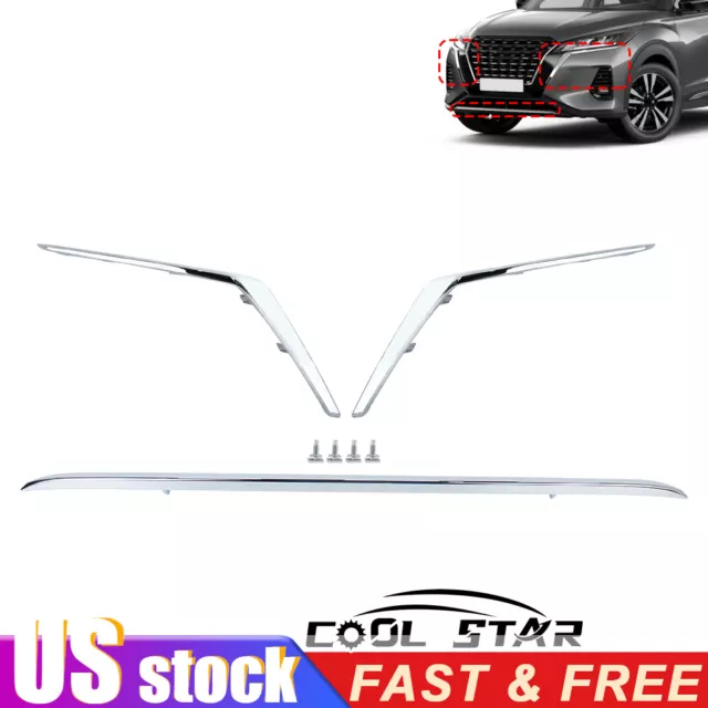 Fit for 2021-2023 Nissan Kicks Left Right Front Bumper Molding Trim Chrome 3pcs