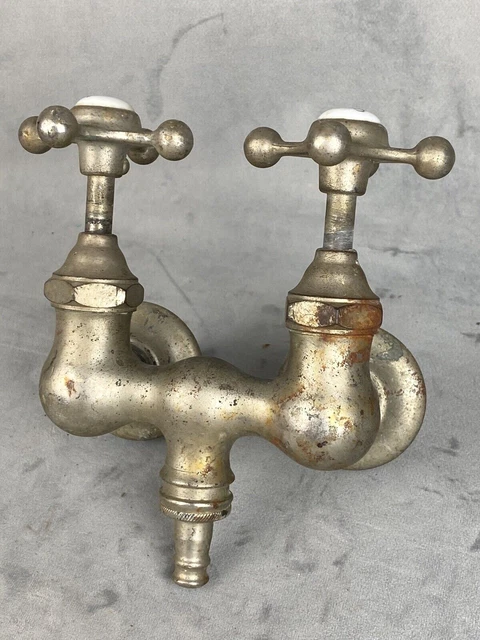 Antique C.1930 FAUCET, CAST IRON TUB ~ Hot & Cold Porcelain Toppers, Helicopter