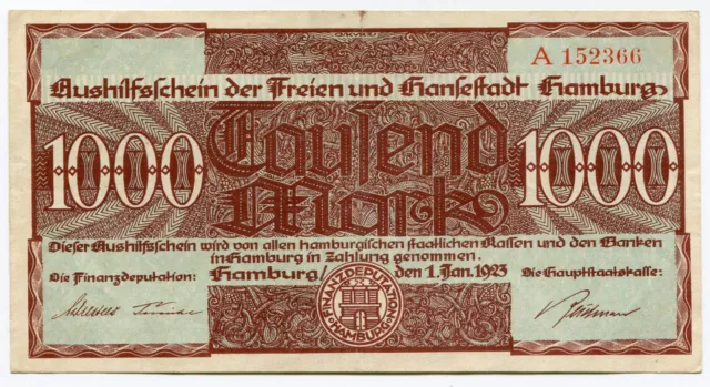REICHSBANKNOTE-Gutschein- INFLATION- Stadt Hamburg- 1923- NOTGELD- Aushilfschein