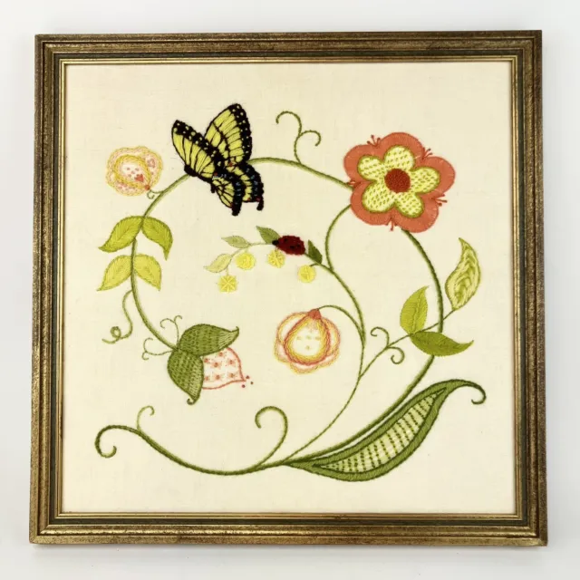Framed Art Crewel Flowers Butterfly Embroidered Picture Floral Yarn Art Vintage