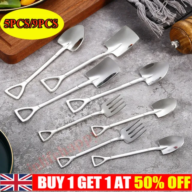 UK Stainless Steel Shovel Spoon Fork Silver Coffee Tea Cake Ice Cream Spoons Set