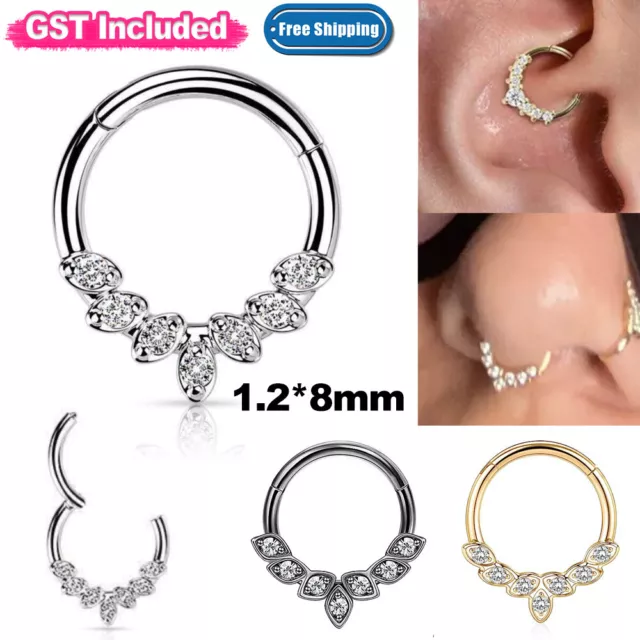 1/2pc Surgical Steel 16g CZ Hinged Ring Clicker Nose Ear Tragus Septum Piercing