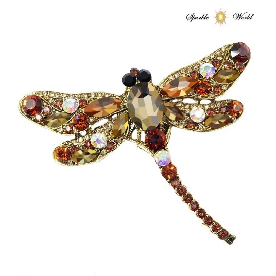 Crystal Gold & Brown Dragonfly Brooch for Women Large Insect Pin Coat Brooch
