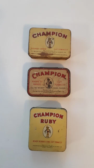 VINTAGE AUSTRALIAN ' Champion ' Tobacco Tins X 3 - All Different. $63.00