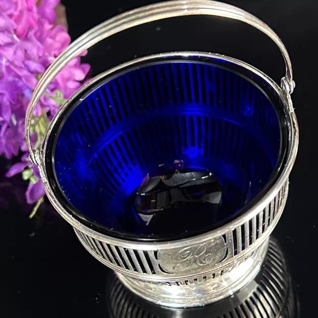 Antique Watson Sterling Silver Sugar Basket Cobalt Blue Glass Insert 3