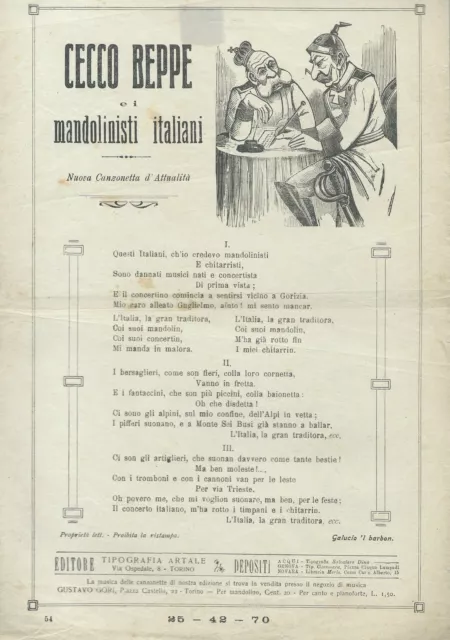 Volantino Patriottico "Cecco Beppe e i Mandolinisti Italiani" Artale Torino 1915