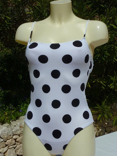 Maillot De Bain 1 Pièce Andres Sarda 90B - Blanc Pois Noir, Neuf Avec étiquettes, Bonnet B
