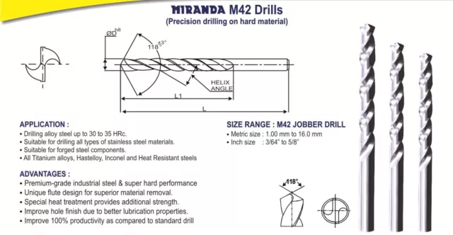 MIRANDA HSSCO8 COBALT M42 JOBBER DRILL 19MM 19x135x198MM ( 0.7480" ) 2