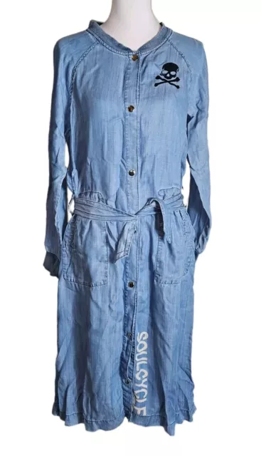 Soulcycle Blue Chambray Dress Sz S 100% Tencel Snap Button Long Sleeved Belted