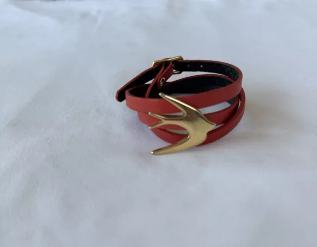 Alexander McQueen Red Leather Triple Wrap Bracelet w/Swallow Metal Gold Tone