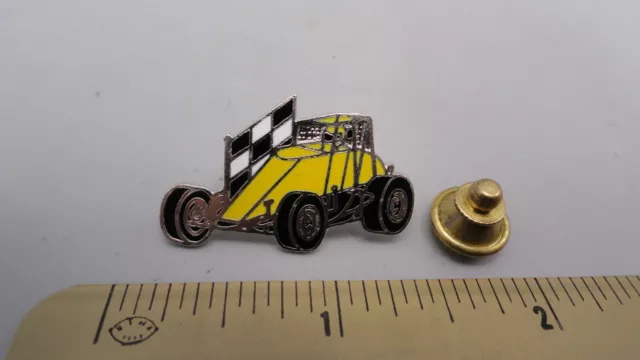 Vintage Yellow Sprint Racing Non Winged Race Car Checkered Flag Hat Lapel Pin