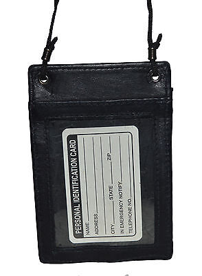 Genuine Leather ID PASSPORT Card Badge Holder Wallet/Pouch Black Neck Strap New