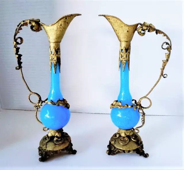Antique 19th C Rococo Gilt Ormolu Fitted Hand Blown Turquoise Glass Urns Pair