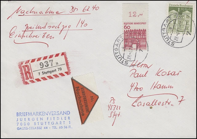 284 Bauwerke 1,30 DM mit Bund 459 Oberrandstück MiF NN-R-Brief STUTTGART 28.4.71