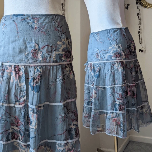 Betsey Johnson Vintage 90s Pastel Blue Floral Silk Tiered Mini Skirt Bows Soft S