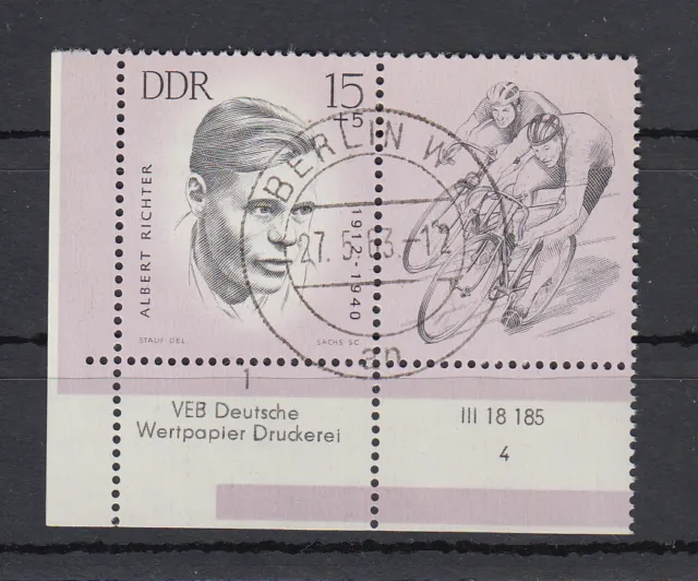 DDR 1963, Mich.-Nr.: 960 gestempelt DV 2 + Farbrandstreifen + retusche b "VEB"