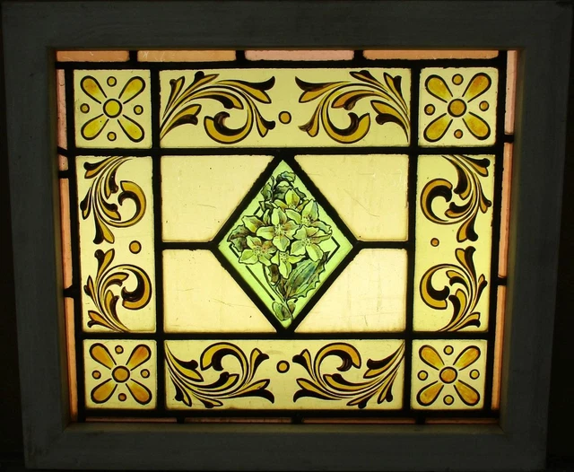 OLD ENGLISH LEADED STAINED GLASS WINDOW Hand Painted Floral 18.5" x 16.25"