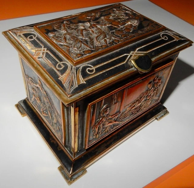 Boîte à Bijoux Ancienne En Bois Et Cuivre - Écrin Intérieur Rouge, Occasion Bon état