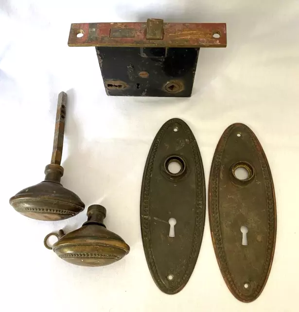 Vintage CORBIN DOOR LOCK SET Mortise Beaded Brass Oval Knobs & Plates No Key