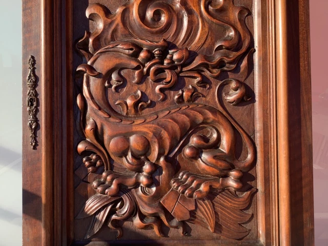 Antique Carved Oak Wood Architectural Door Panel Gothic Chimeras Griffin dragon 3