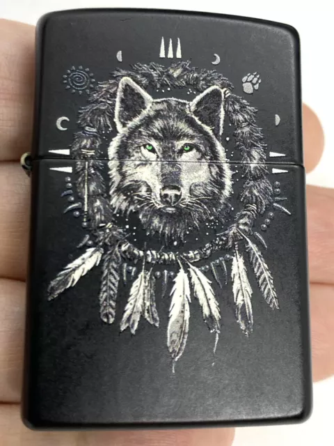 Rare Black Matte Wolf Indian Dream Catcher Flip Top Zippo Lighter