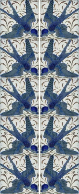 William De Morgan Swallow Kiln Fired Fireplace Tile Set (10 tiles)