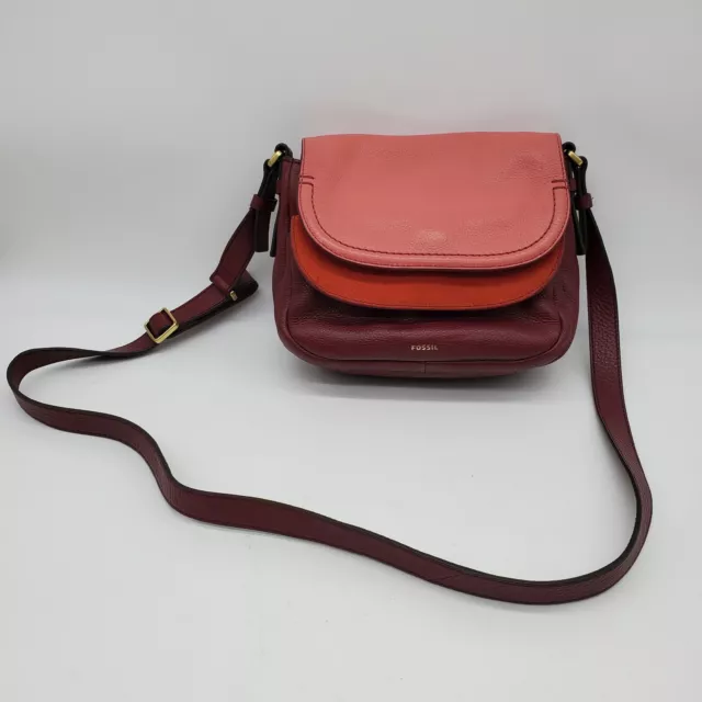 Fossil Double Flap Crossbody Leather Purse Pink Maroon