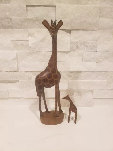 2 Hand Carved Wooden Giraffes Kenya African Décor Safari 4" Baby 12" Adult