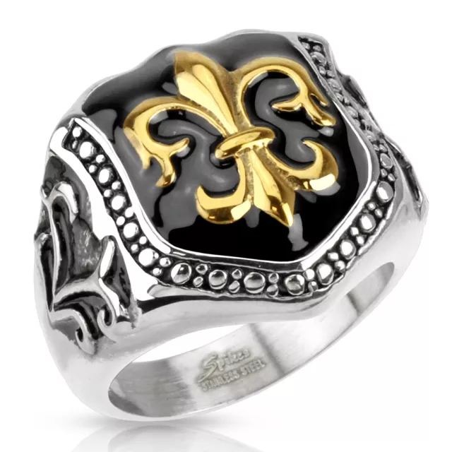 Anillo de Acero Inoxidable Dorado Fleur Lis Lirio Placa Royal Oro Plata Negro