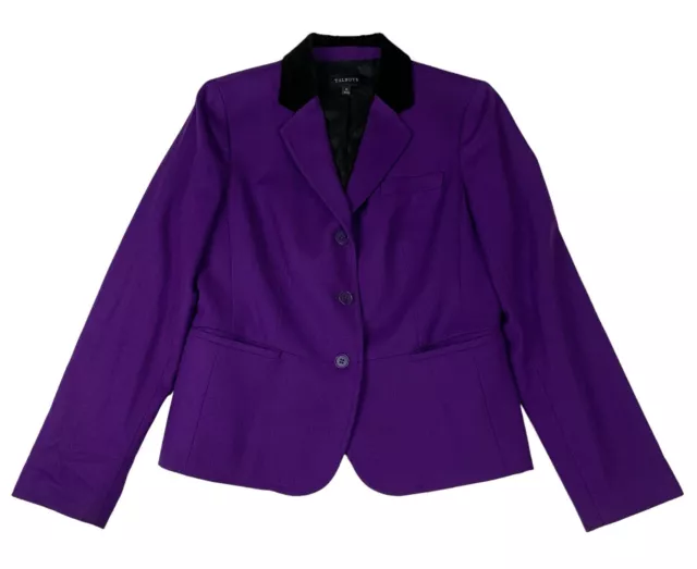 Talbots Blazer Womens 10 Purple Wool Jacket Black Velvet Collar Lined Vented