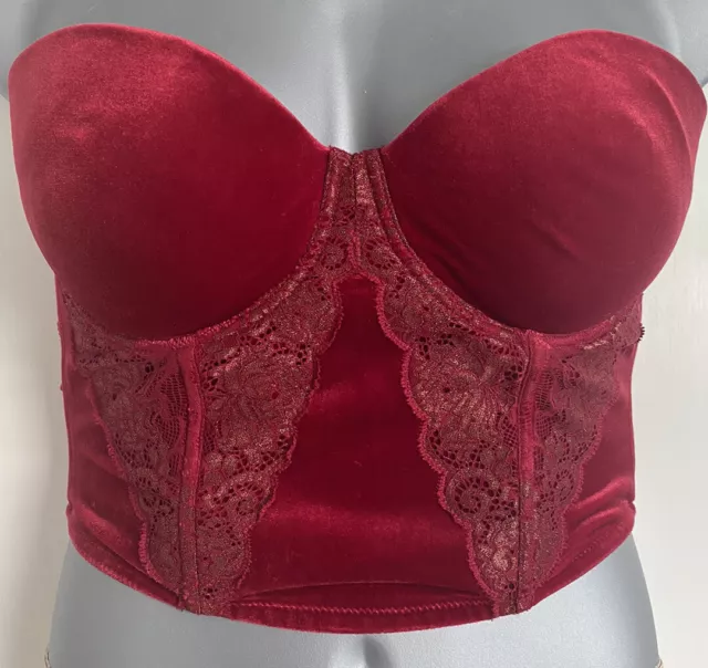 Victoria's Secret Red Velvet Lace Strapless Bustier Corset Bra Lingerie Top 36D