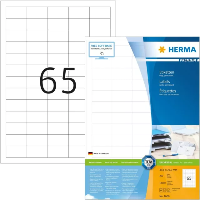 HERMA 4606 Universal Etiketten DIN A4 klein (38,1 x 21,2 mm, 200 Blatt, Papier,