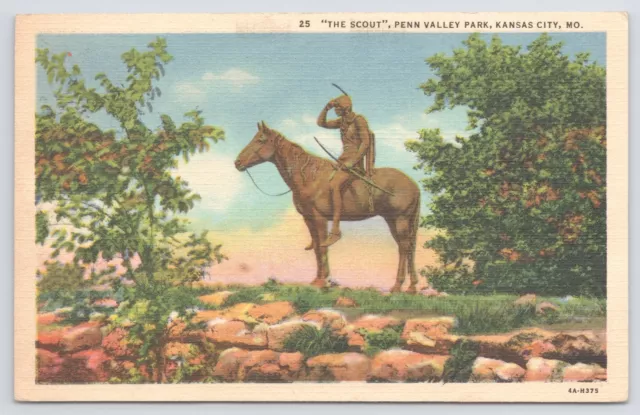 Kansas City MO~The Scout~Statue Of Sioux Indian On Horseback~Vintage Linen PC