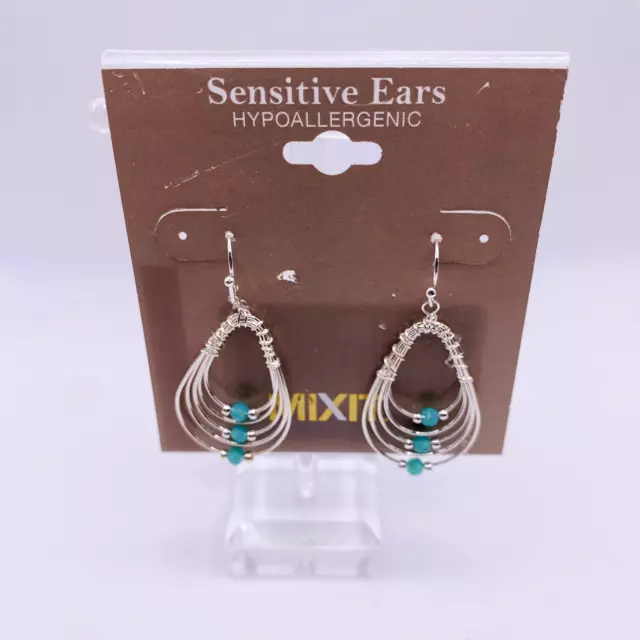 Mixit Sensitive Ears Blue Silvertone Teardrop Shaped Beaded Earrings New