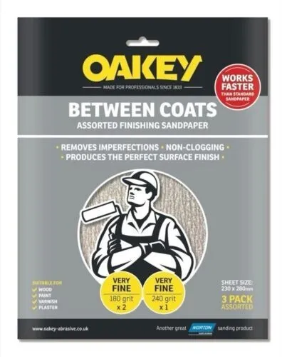 Papel de lija Oakey Between Coats adecuado para pintura de madera barniz yeso paquete de 3