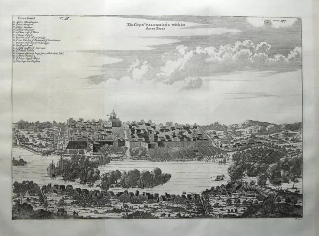 PALEMBANG, SUMATRA, INDONESIA, J.CHURCHILL original antique print 1744.