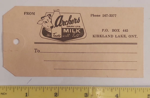 Rare Vtg (Kirkland Lake, Ont) "Archers Dairy Ltd. Milk" Cardboard Tag -Nice-New
