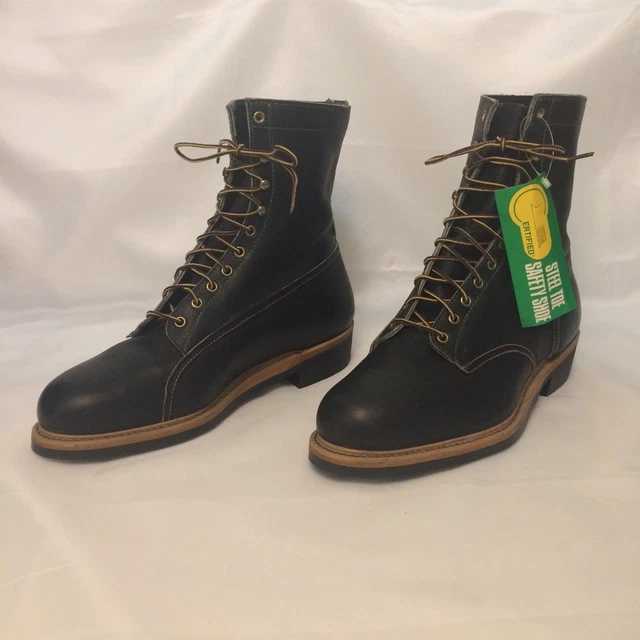 VINTAGE KNAPP WORK boots lineman black leather steel toe  display picture 1