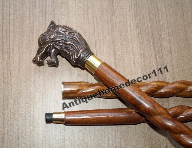 Antique Wolf Style Handle 3 Fold Brown Wooden Walking Stick Twist Cane Gift