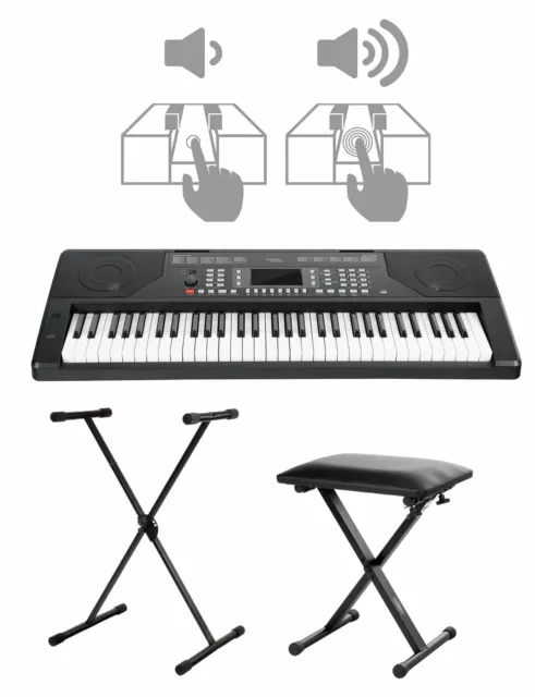 Zeitloses, schwarzes Keyboard mit Anschlagdynamik im Set mit X-Ständer und Bank