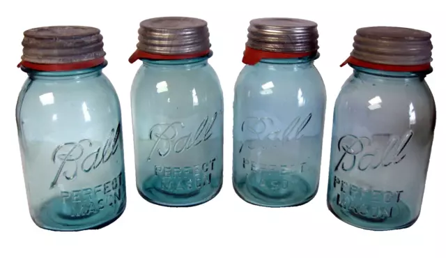 Lot of 4 Vintage Ball Perfect Mason Blue Glass Quart Canning Jars w/ Zinc Lids