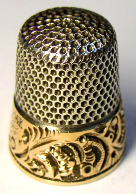 Antique Ketcham & McDougall Gold Band Sterling Silver Thimble “Ferns”  "FH" Mngm