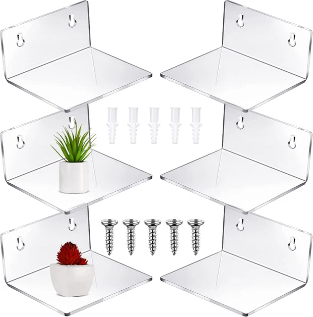 Yulejo 6 Pieces Small Adhesive Wall Shelves, 4 in Clear Floating Shelves Ledges,