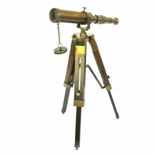 Tripod Desk Decor 10" Maritime Decorative Brass Antique Telescope With Wooden