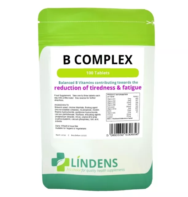 Lindens Vitamin B Complex 100 Tablets B1 B2 B3 B5 B6 B9 B12 Folic Acid Biotin