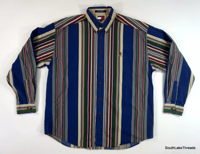 Tommy Hilfiger Vintage 90s Colorblock Striped Button Down Crest Shirt Men's XL