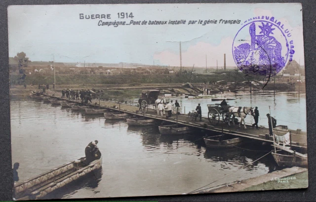 cpa boat bridge installed by the Genie - Compiègne Oise Guerre 14-18